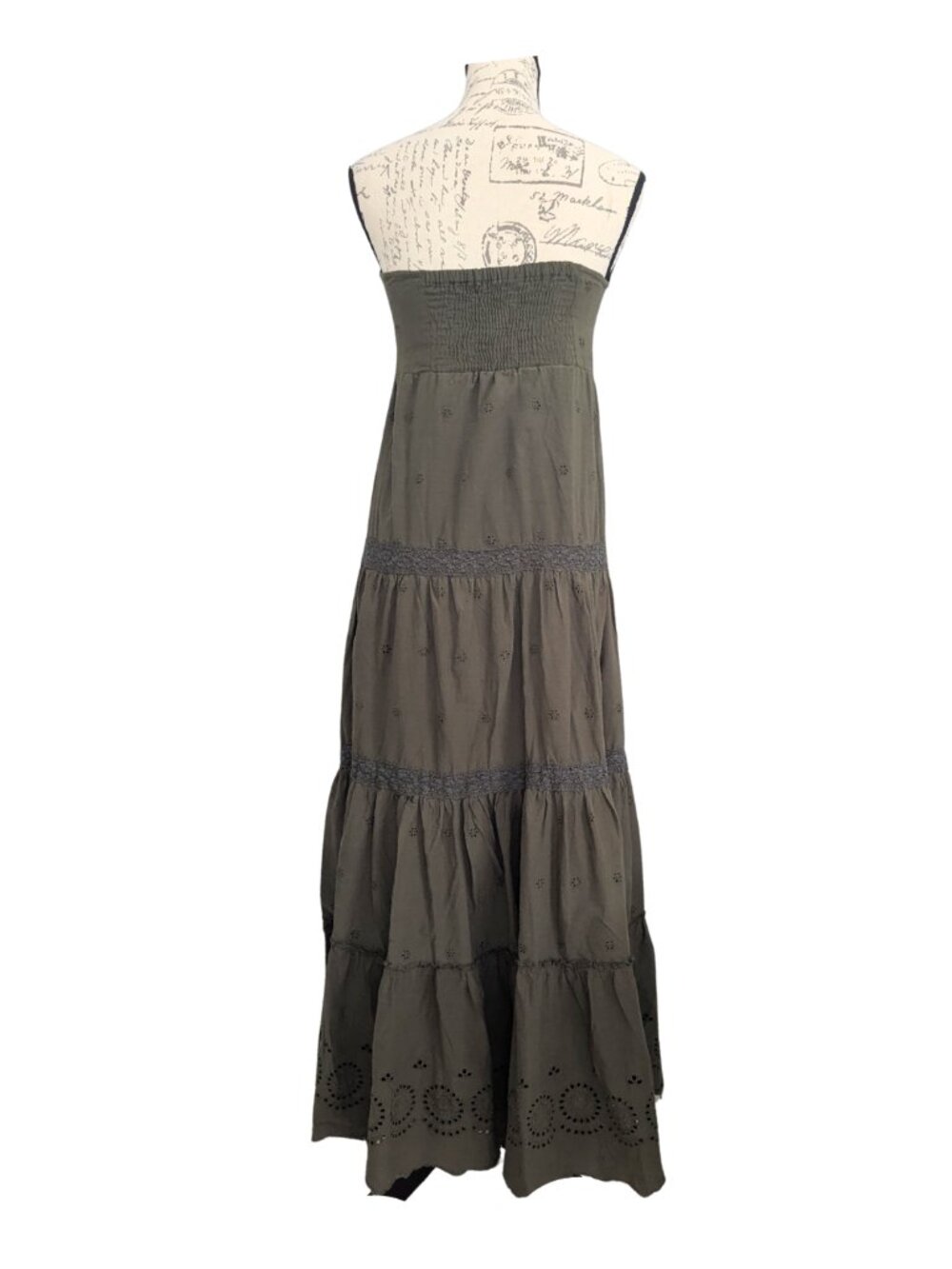 Charlotte Russe Olive Strapless Boho Eyelet Tiered Maxi Dress M Cotton - Picture 4 of 10